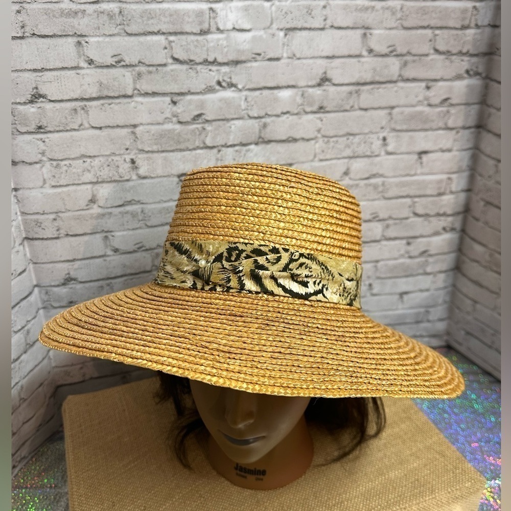 Womens Tan Straw Sun Hat Animal Print Accent Band Pearl Stick Pin Wide Brim Hat